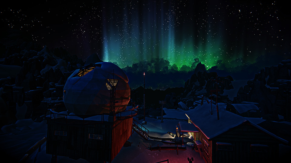 In-game shot of weather observation station with a radio hut, a garage structure, and a broken dome at the top of a rocky crag. Steep cliffs surround it and it looks very abandoned.